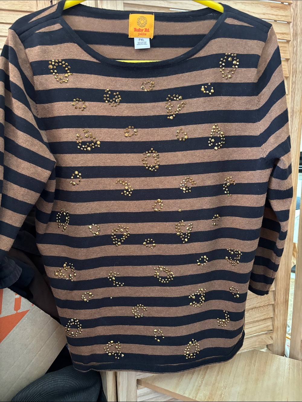 Ruby Rd. Black and Brown Striped Studded Knit Top Petite XL